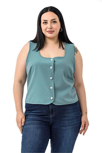 DISENTIS MODEST Plus Size Button Detailed Mint Green Blouse Vest