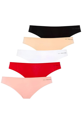 U.S. Polo Assn. Women's 5-Piece Elastic String Panties Set – Red Salmon Black White and Nude