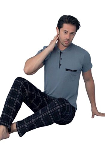 Manolya Men's Combed Cotton Half Button Short Sleeve Pocket Plaid Pattern Pajama Set