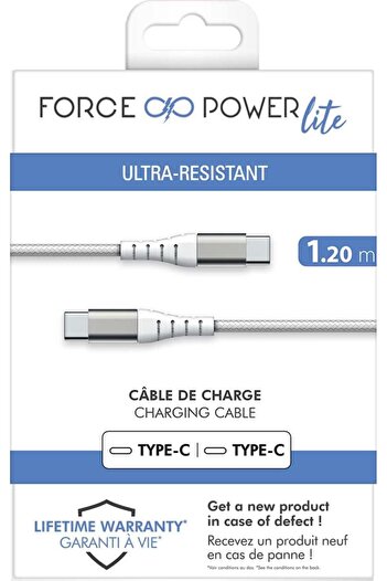 Force Power Lite Reinforced USB C-USB C Cable 1.2M 3A White