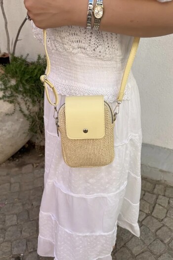 LEONAS Mini Shoulder and Crossbody Bag with Straw Detail and Leather Cover Jeremi Yellow