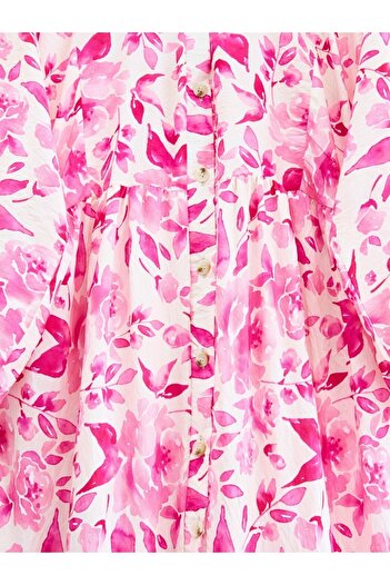 Modamorfo Small Leaf Pattern Half Button Sleeve Elastic Dress -Fuchsia