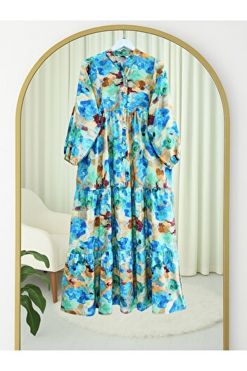 Modamorfo Mixed Pattern Half Button Sleeve Elastic Dress -Blue