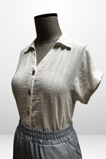 By Saygı Women's Polo Neck Self Patterned Linen Shirt