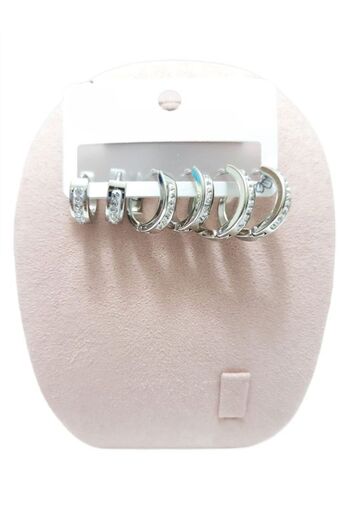 Tasarım Steel Earrings 3-Piece Zircon Stone Cornered Hoop Model Earrings 2 mm Thickness Silver Silver