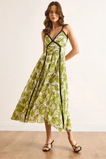 Olalook Women's Green Piping Detailed Strap Lined Midi Dress Elb-19002509