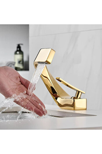 Adsinio Bathroom sink faucet, Adsinio, Copper body, Waterfall outlet, short fixed spout, single lever, Gold