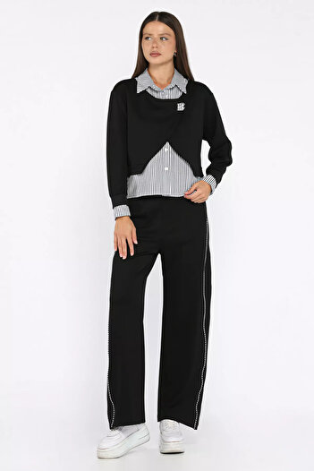 GÜLSELİ Black Women's Shirt Garnished Blouse Palazzo Pants Double Set
