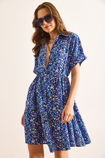 Olalook Women's Navy Blue Elastic Waist Pleated Detail Mini Viscose Shirt Dress Elb-19002506