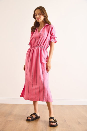 Olalook Women's Pink Polo Neck Elastic Waist Striped Lined Midi Flowy Dress Elb-19002511