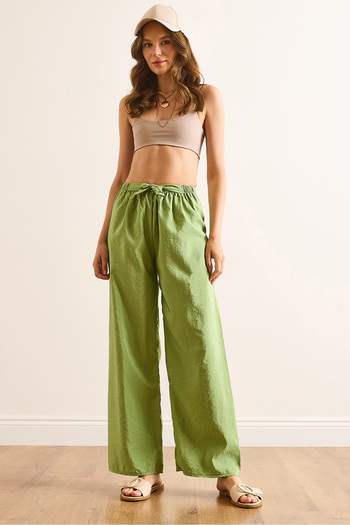Olalook Women's Light Green Belted Elastic Waist Palazzo Ayrobin Trousers Pnt-19000200