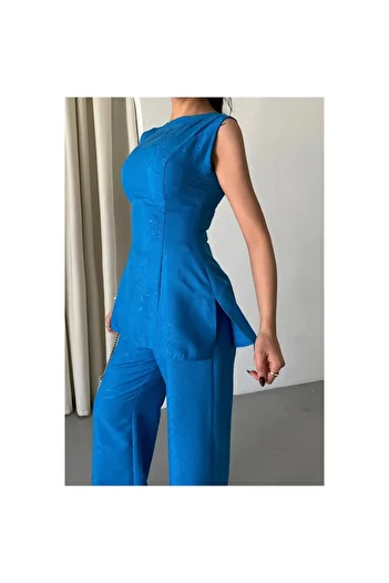 Melek Moda Jacquard Linen Sleeveless Bluz-Pants Tk - Blue