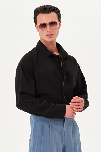 RELAXL 100% Cotton 4 Seasons Loose Fit Long Sleeve Men's Black Shirt