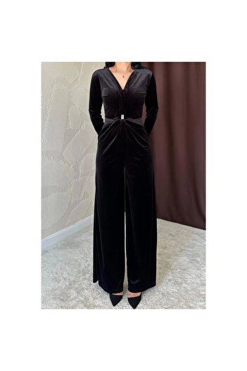 gl00my Stylish Velvet Jumpsuit - Black with Buckle on the Front