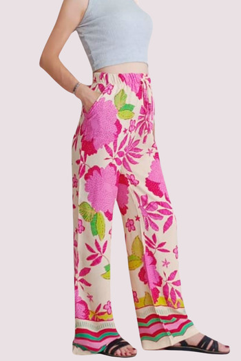 SHE BEST Elastic Waist Comfortable Cut Loose Leg Viscose Fabric Women's Trousers