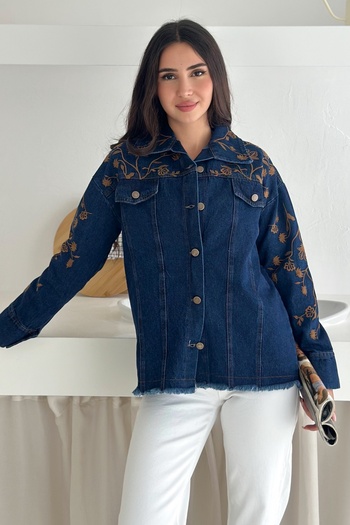 FEMELLE Women's Navy Blue Tasseled Embroidered Denim Jacket