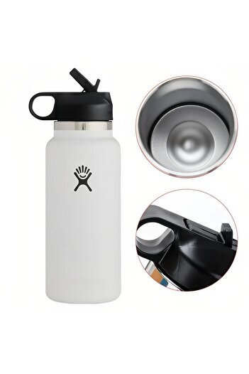 Lumely 32oz Wide Mouth w/ Straw Lid Sport Water Bottle,Stainless Steel,Wider Open for Faster Fill,Black