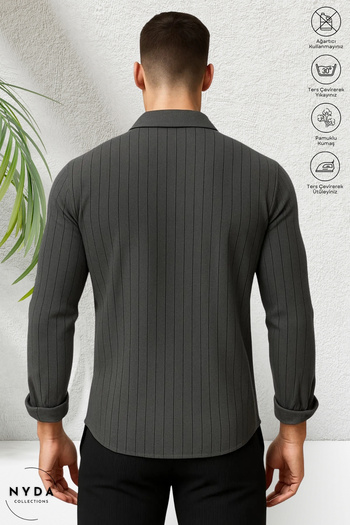 Nyda Collections Men's Crepe Fabric Striped Lycra Seasonal Long Sleeve Shirt