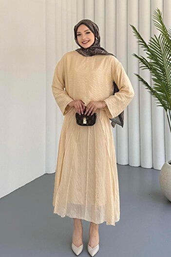 FA Butiq Women's Chiffon Skirt Ribbed Stitched Double Skirt Suit Beige