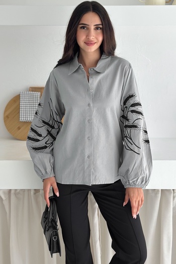 FEMELLE Women's Gray Balloon Sleeve Embroidery Embroidered Cotton Shirt