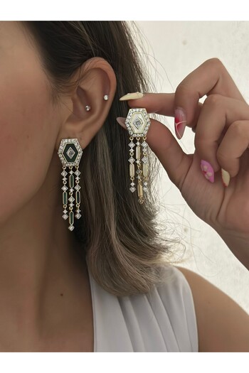 MyladyAccessoriess Zircon Stone and Enamel Detail Dangle Earrings (Steel) White