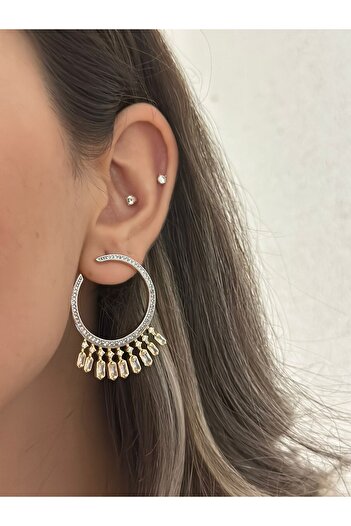 MyladyAccessoriess Double Color Detail Baguette Stone Dangle Earrings (Steel)