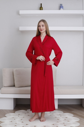 Lohussa Women's Shawl Collar Special Design Lace Detailed Cotton Stretchy Dressing Gown