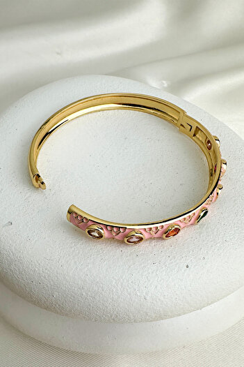 Modex Gold Color Enamel Round Colored Stone Design Handcuff Bracelet (Diameter: 6cm)