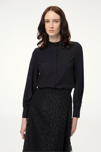 Zühre Black Blouse with Stand Collar Stripe Detail B-0139