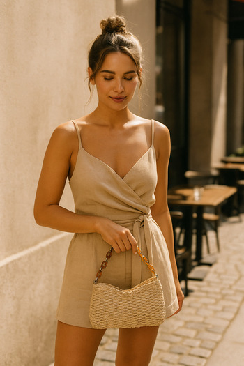 Luminos Butik Beige Chain Strap Straw Handbag |   Thick Textured Summer Model
