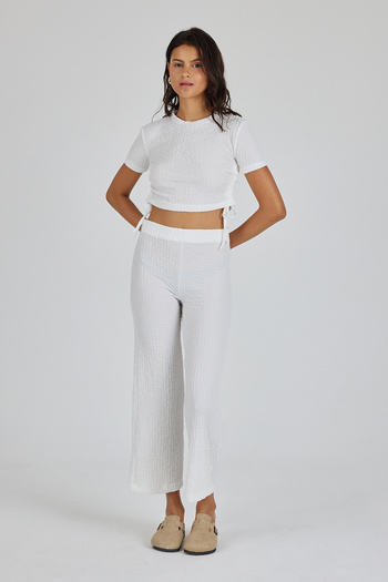 Yavuz Kapıcı Women's Seersucker Fabric Crop and Trousers Set with Side Drawstring Detail