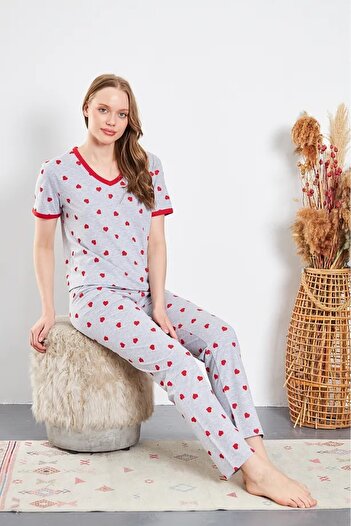 JADİYA Women's Red Heart Cotton Bottom Top Gray Pajamas Set
