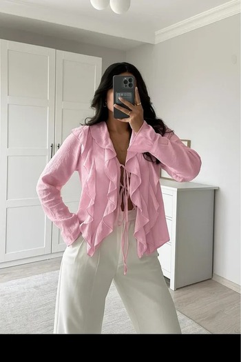 sportiness Ruffle Detailed Tie-Up Chiffon Fabric Shirt