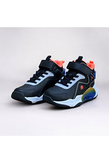 pepino Children's Basketball High Top Anti-Slip Sole Mesh Velcro Lace-Up Black Phosphor Orange Sneakers