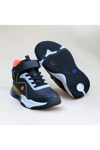 pepino Children's Basketball High Top Anti-Slip Sole Mesh Velcro Lace-Up Black Phosphor Orange Sneakers