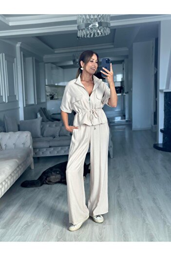 Forlady Butik Set de pantaloni și jachetă cu șireturi în talie, cu textura de piatră, pentru femei