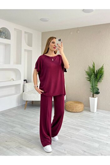 MODA Edolika Women's Short Sleeve Boat Neck Blouse with Stitching Detail Viscose Two Thread Blouse and Pants Two-Piece Set