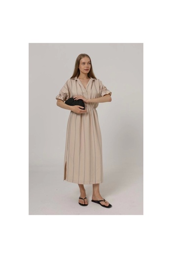 POLEXP Gl00My Elastic Waist Dress - Stone Color with Metallic Details