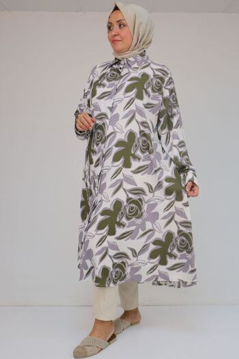 Eslina 58083 Large Size Mevlana Patterned Wrinkled Shirt - Gray-Khaki