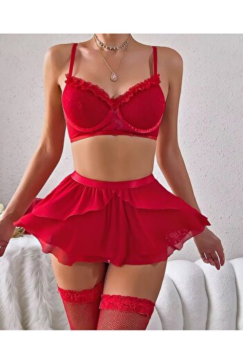 İntive Lingerie Intive Lace and Tulle Quality Fabric Production Mini Skirt Lace Bra Suit