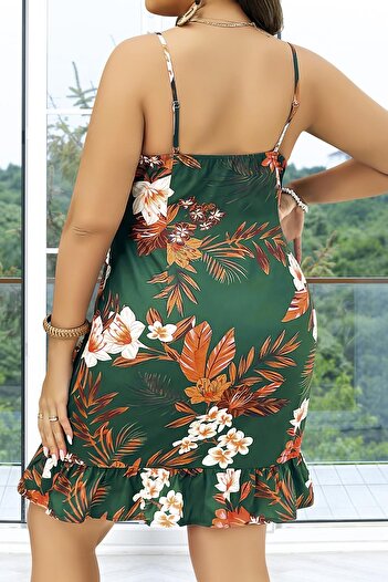 GiyimCity Litae Plus Size Green Floral Print Thin Strap Ruffle Nightdress