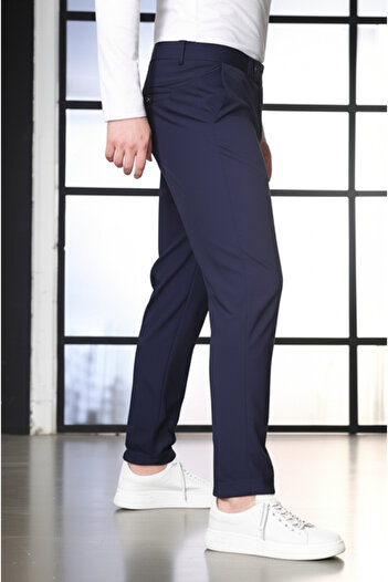 hello7 Navy Blue Slim Fit Stretch Men's Fabric Trousers