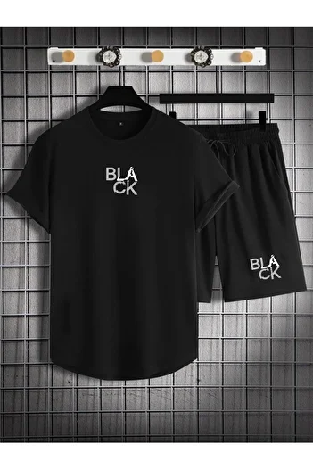 DEEPSENCE Men's Black 2-Piece Oval Suit T-Shirt & Shorts Combed Cotton Black Print