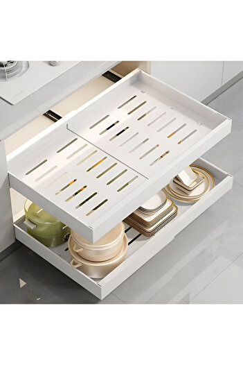 Herum Extendable, sliding organizer drawer with self-adhesive rails, Herum, White, 32-52 x 42 x 7 cm