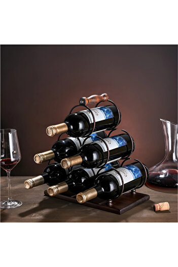 Herum Metal wine bottle rack, wooden top and handle, Herum, Brown/Black, 30 x 16 x 32.5 cm