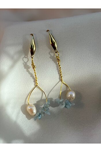 Yubi Aquamarin Natural Stone and Freshwater Pearl Copper Drop Stainless Steel Earrings