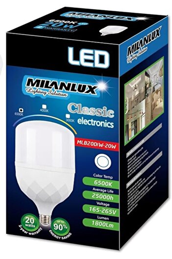 Milanlux Led Bulb Non-Dimmable 1800 Lumen Day-Light White (6500) 20W E27 Base