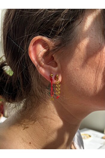 Yubi Başak Figure Stainless Steel Red Thread Earrings