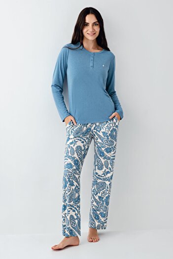Pierre Cardin Women's Seasonal Long Sleeve Turquoise Pajama Set, Modal and Cotton Fabric