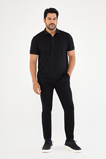 AC&Co / Altınyıldız Classics Erkek Çekmeyen Pamuklu Kumaş Slim Fit Dar Kesim Simsiyah Kıvrılmaz Polo Yaka T-shirt